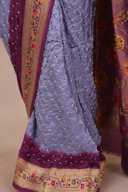 Lavender Blue & Purple Handcrafted Bandhani Paithani Dola Silk Saree | Looms & Tassels