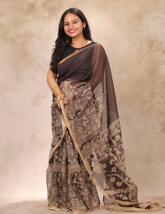 Light Black Kota Doria Saree with Kalamkari Handblock Prints | Looms & Tassels