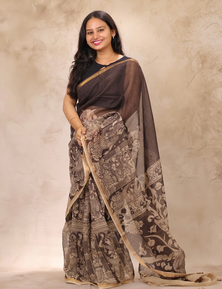 Light Black Kota Doria Saree with Kalamkari Handblock Prints | Looms & Tassels