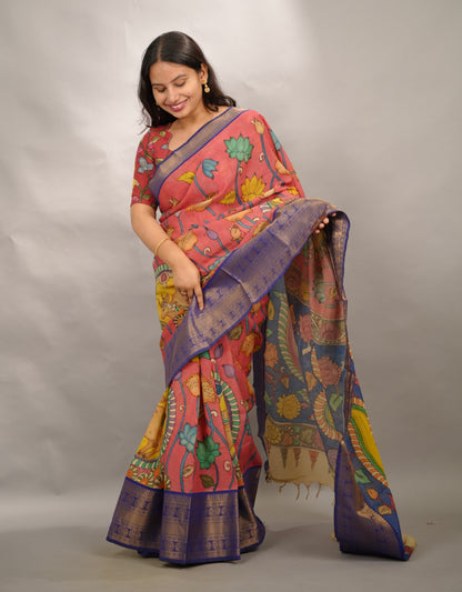 Peach Hand Drawn Pen Kalamkari Bangalore Silk Kanchi Border Saree | Looms & Tassels