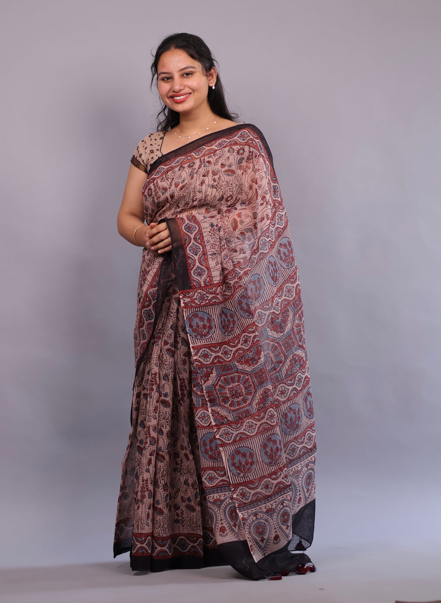 Cream Ajrakh Hand Block Printed Kota Doria Saree | Looms & Tassels