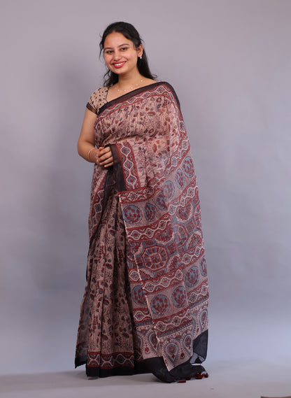 Cream Ajrakh Hand Block Printed Kota Doria Saree | Looms & Tassels