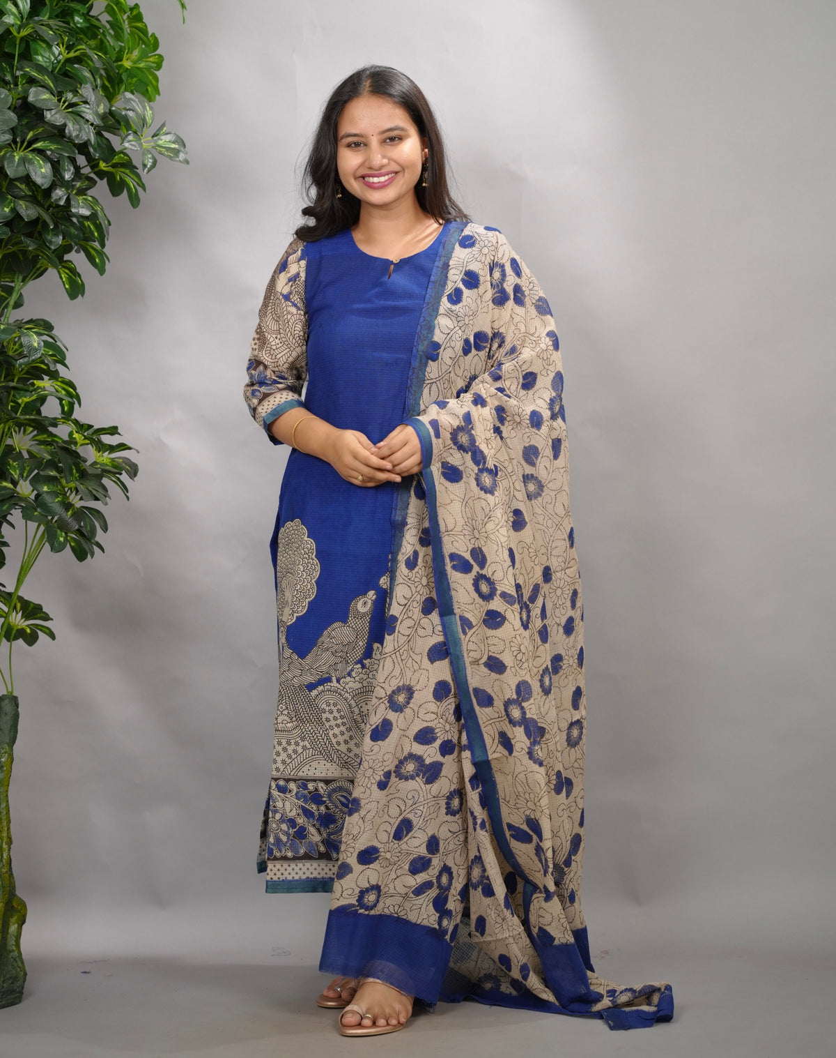 Blue Kalamkari Kota Cotton 3 piece suit (stitched) | Looms & Tassels