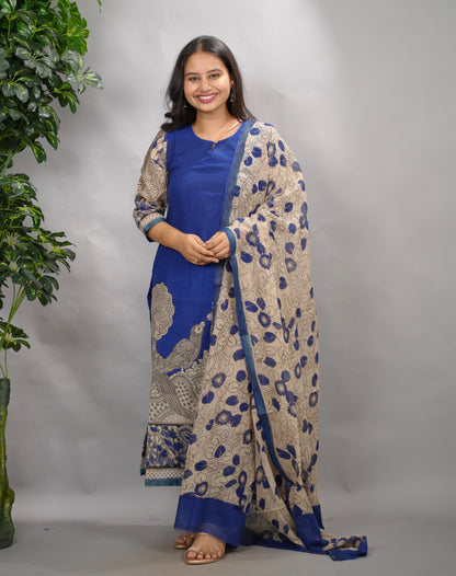 Blue Kalamkari Kota Cotton 3 piece suit (stitched) | Looms & Tassels