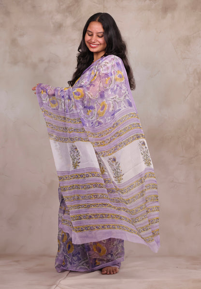 Lavender Chiffon Hand Block Printed Saree | Looms & Tassels