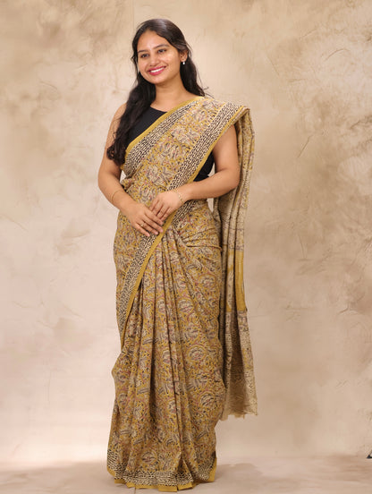 Mustard Hand Block Printed Kalamkari Cotton Saree | Looms & Tassels