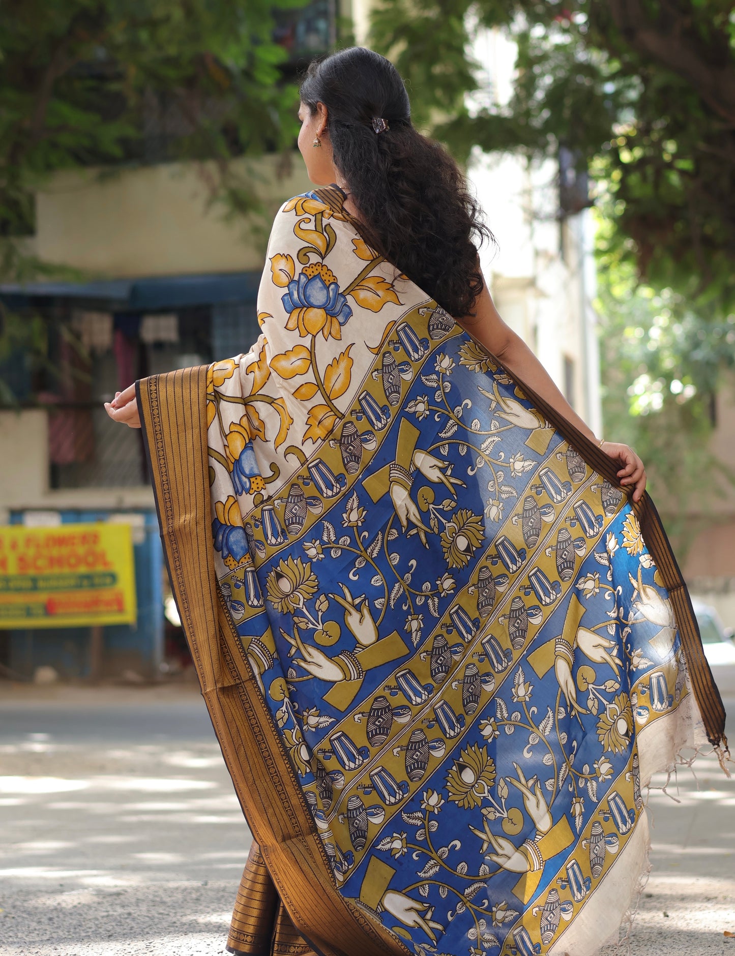 Yellow Lotus Kanchi Border Kalamkari Chennur Silk Saree