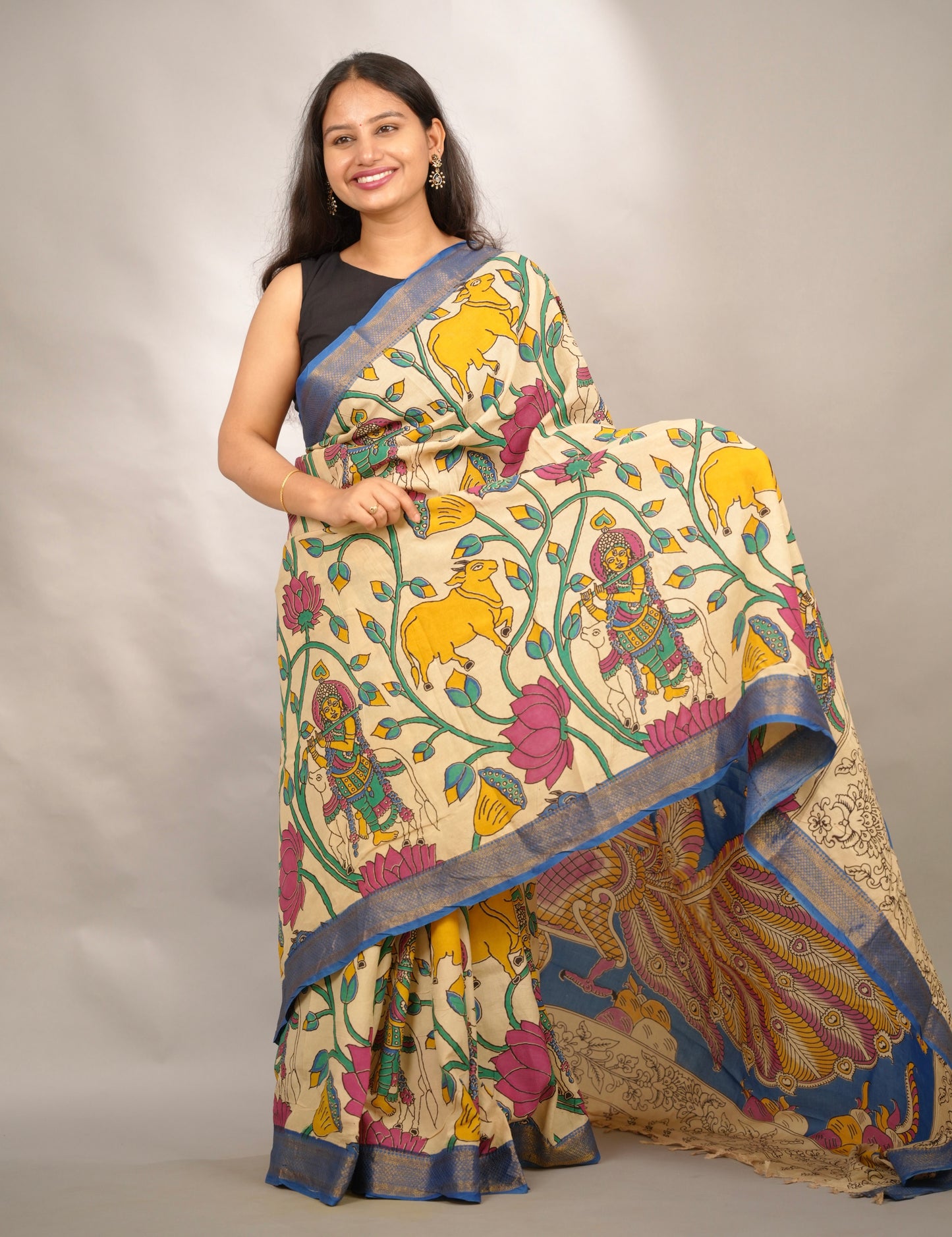 Cream Kalamkari Nizam Border Chennur Silk Saree | Looms & Tassels