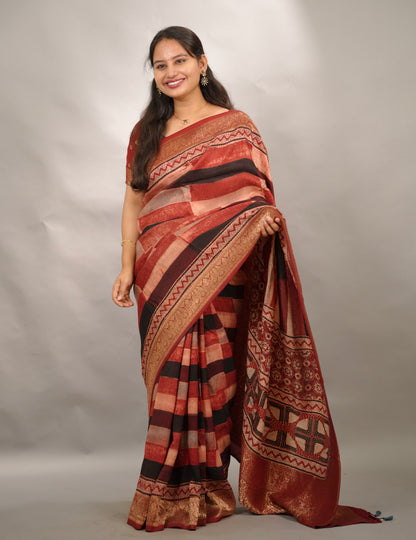 Contemporary Ajrakh Handblock printed Dola Silk Saree | Looms & Tassels
