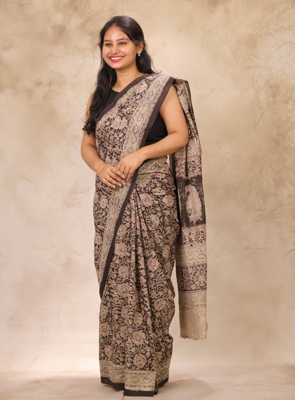 Black Hand Block Printed Kalamkari Cotton Saree | Looms & Tassels