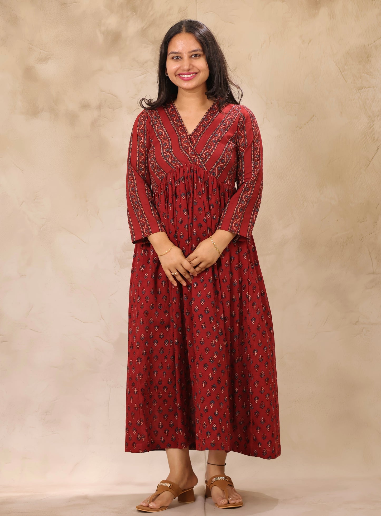 Maroon Ajrakh Hand Block Printed Pure Mul Cotton Aline Kurta | Looms & Tassels