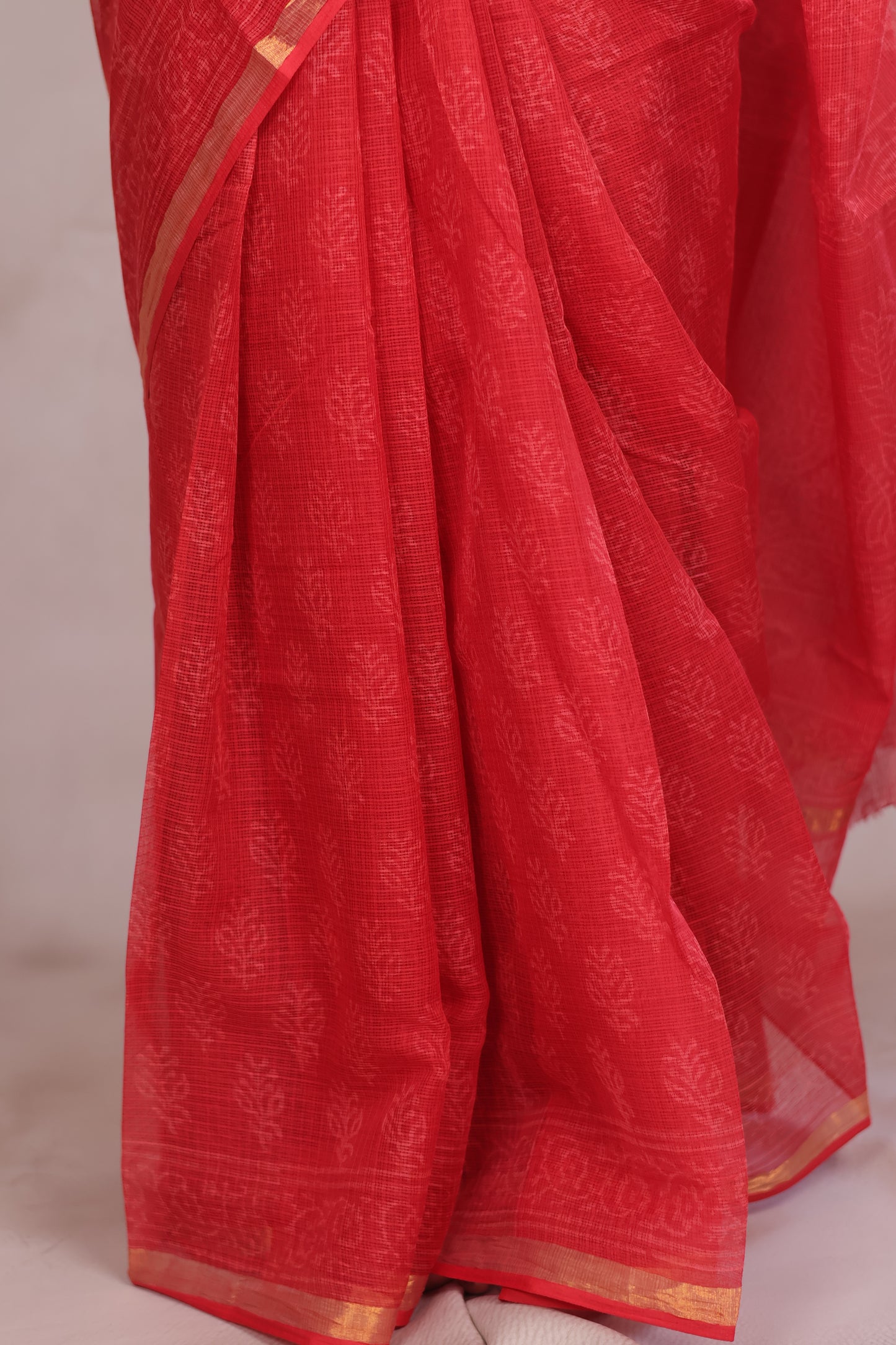 Red Pure Kota Doria Saree with Bagru Handblock Prints | Looms & Tassels