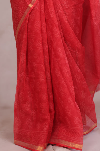 Red Pure Kota Doria Saree with Bagru Handblock Prints | Looms & Tassels