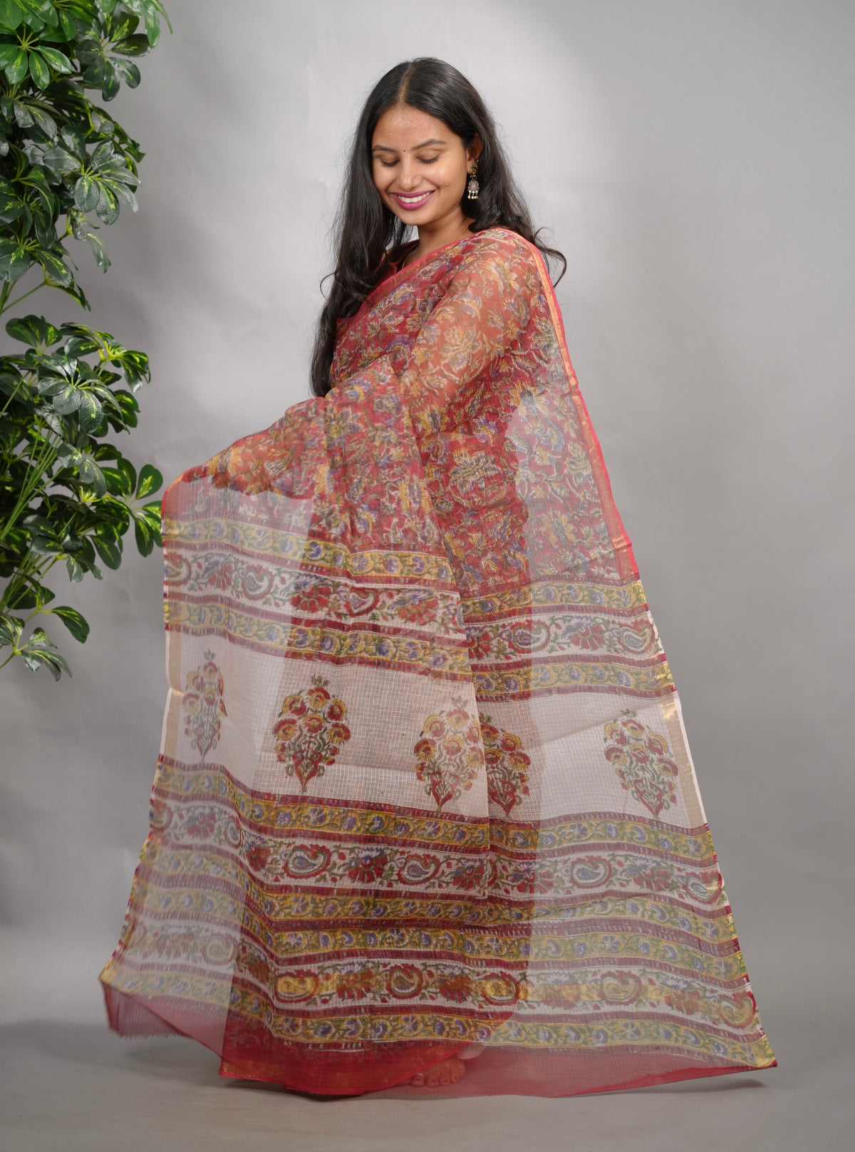 Red Floral Pure Kota Doria Saree with Bagru Handblock Prints