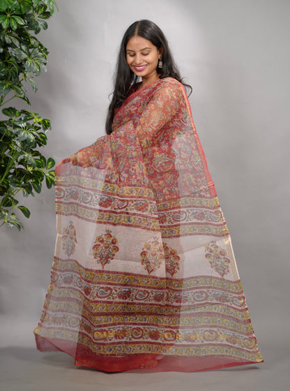 Red Floral Pure Kota Doria Saree with Bagru Handblock Prints