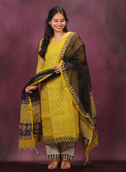 Yellow Handblock printed kota 3 piece suit (stitched)