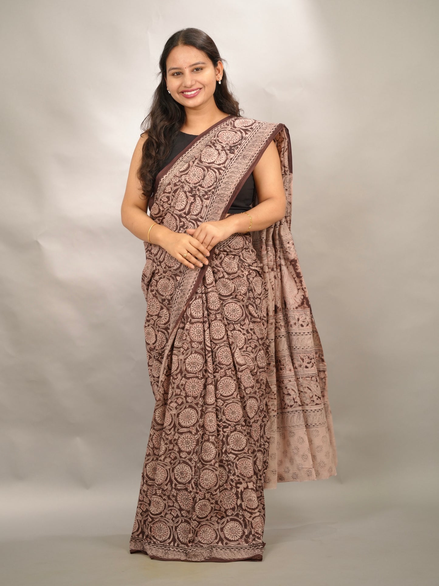 Maroon Hand Block Printed Kalamkari Cotton Saree | Looms & Tassels