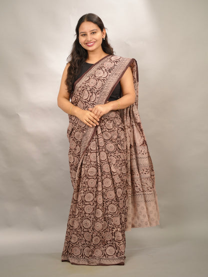 Maroon Hand Block Printed Kalamkari Cotton Saree | Looms & Tassels