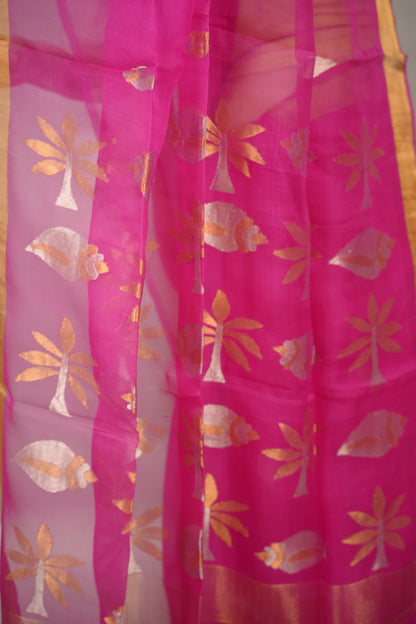 Pink Handloom Muslin Silk Saree With jamdhani weaving | Looms & Tassels