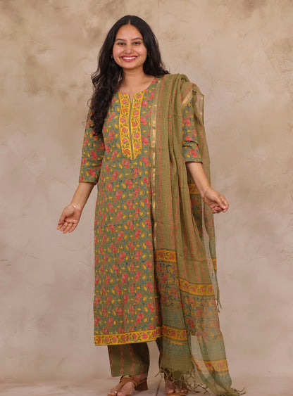 Mehendi Green Handblock printed Pure Mul Cotton with Kota Doria Duppata 3 piece suit (stitched)