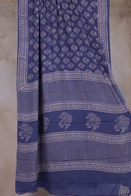 Blue Bagru Handblock printed MulMul cotton saree