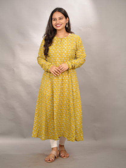 Mustard Pure Mul Cotton Kali Kurta with Chudi Sleeves | Looms & Tassels