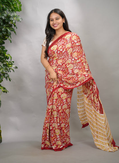 Maroon Georgette Hand Block Printed Saree| Looms & Tassels