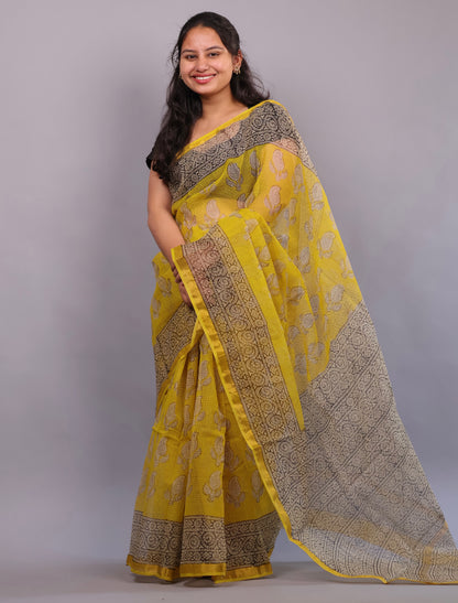 Pure Kota Doria Saree with Bagru Handblock Prints –Yellow | Looms&Tassels