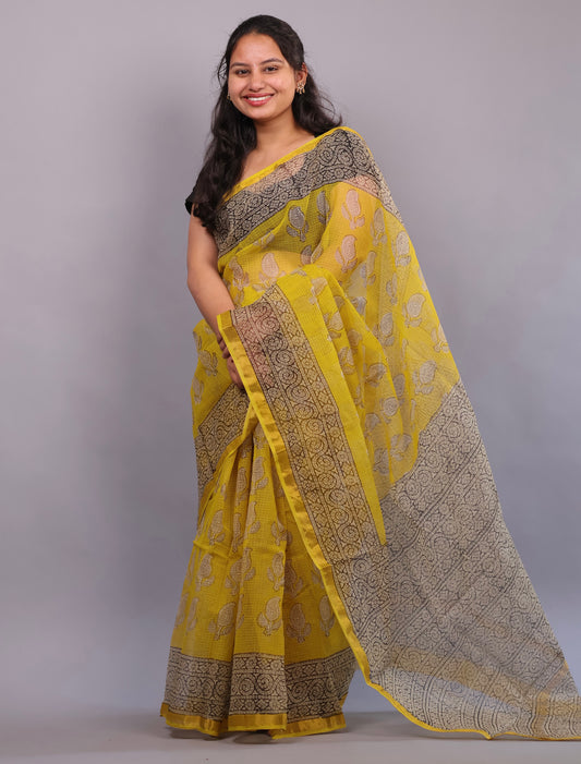 Pure Kota Doria Saree with Bagru Handblock Prints –Yellow | Looms&Tassels