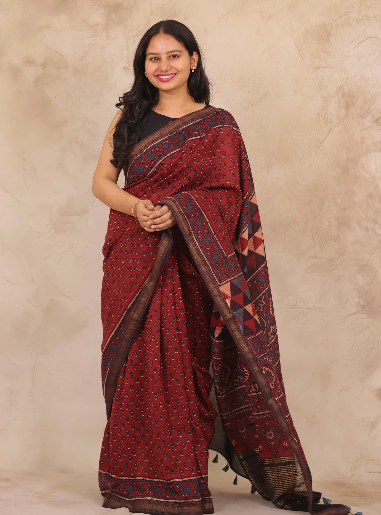 Maheswari Silk Cotton Ajrakh Handblock Printed Saree | Looms & Tassels