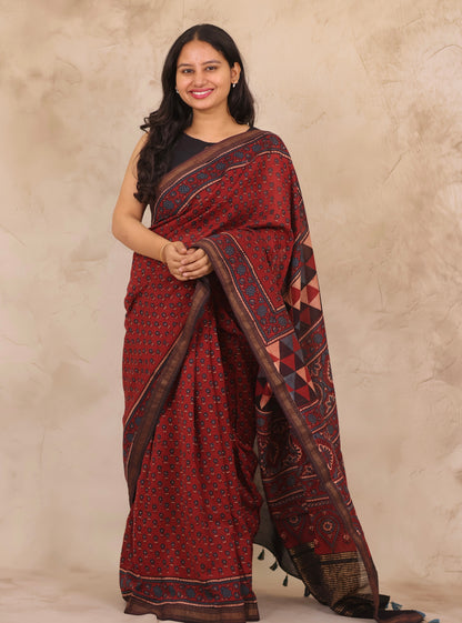 Maheswari Silk Cotton Ajrakh Handblock Printed Saree | Looms & Tassels