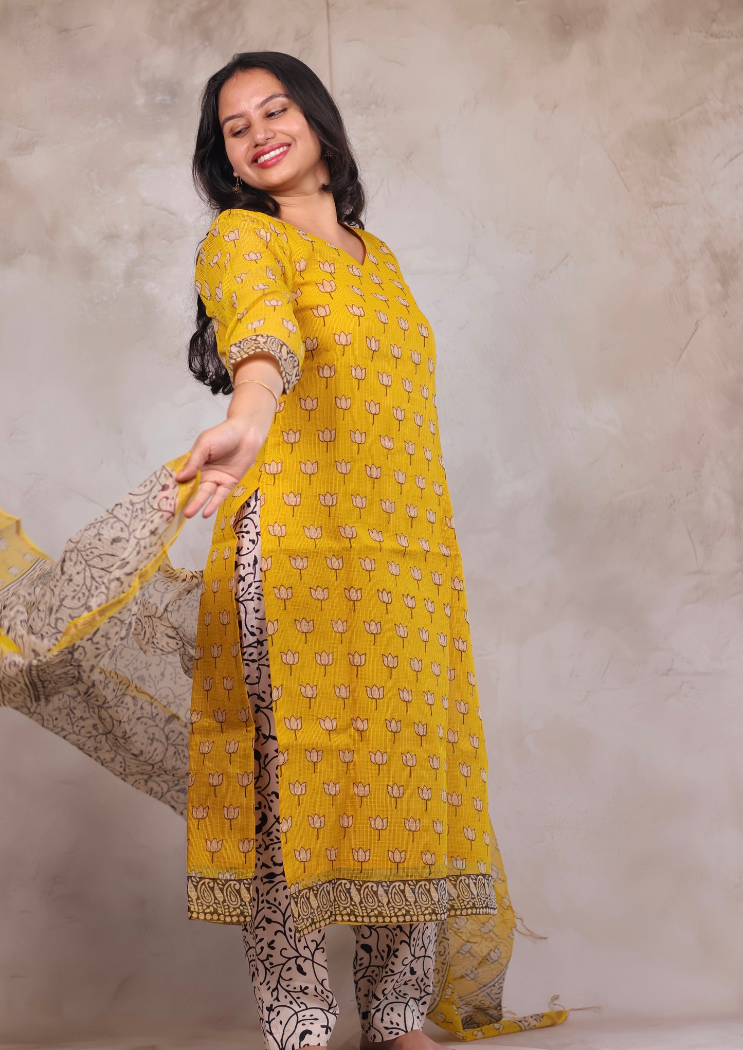 Yellow Handblock printed kota 3 piece suit (stitched)