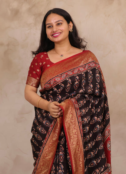 Black Ajrakh Handblock printed Dola Silk Saree | Looms & Tassels