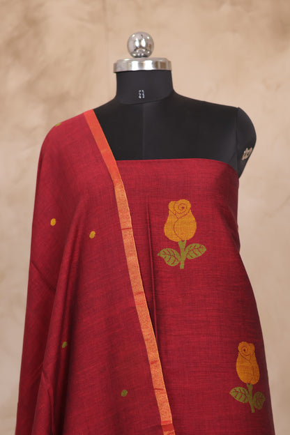 Rust Handwoven Jamdhani weaving pure Mercerised Malai cotton 2 piece suit sets | Looms & Tassels