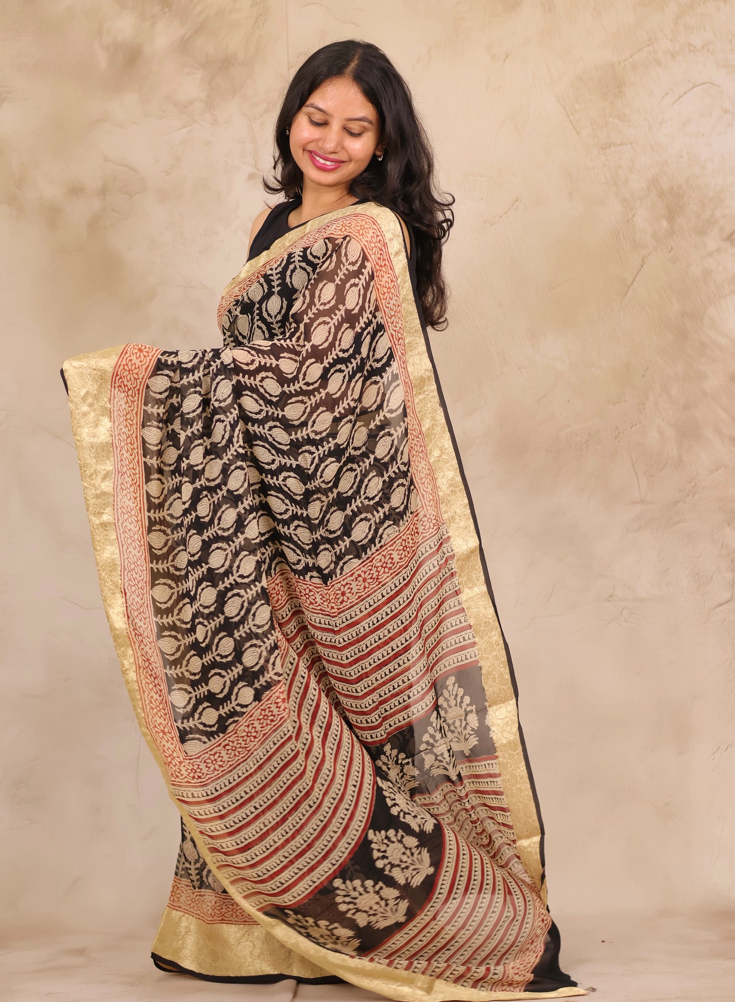 Black Chiffon Hand Block Printed Saree with Jari Border | Looms & Tassels