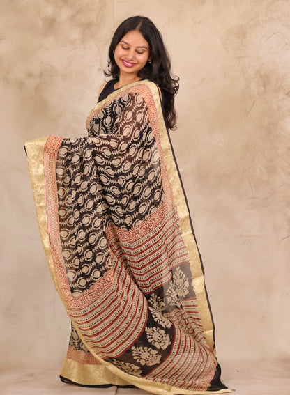 Black Chiffon Hand Block Printed Saree with Jari Border | Looms & Tassels