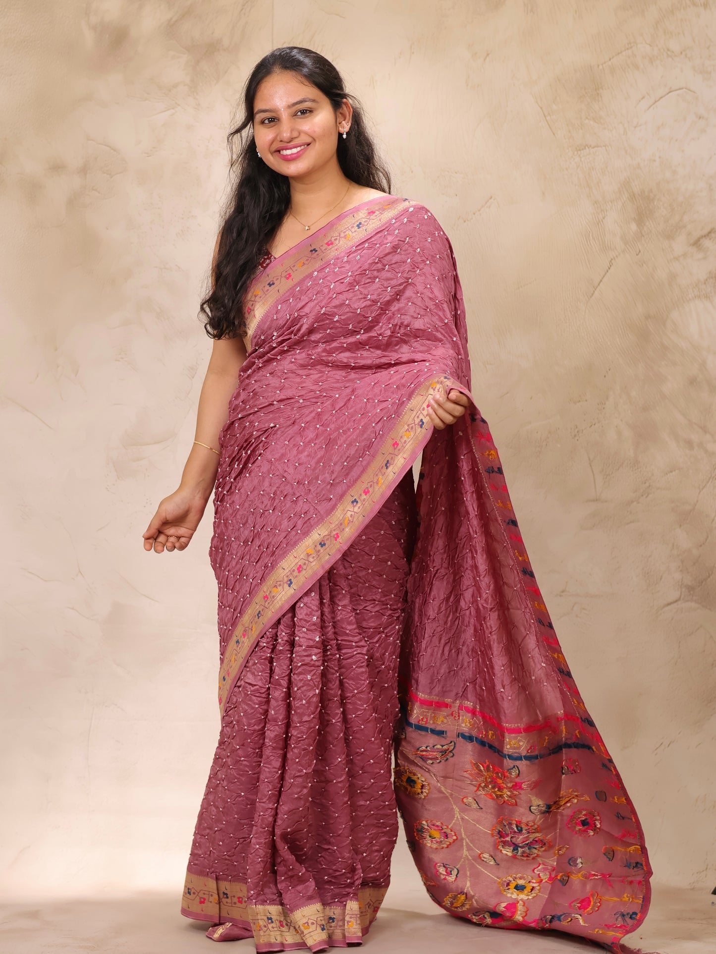 Onion Pink Handcrafted Bandhani Paithani Dola Silk Saree | Looms & Tassels