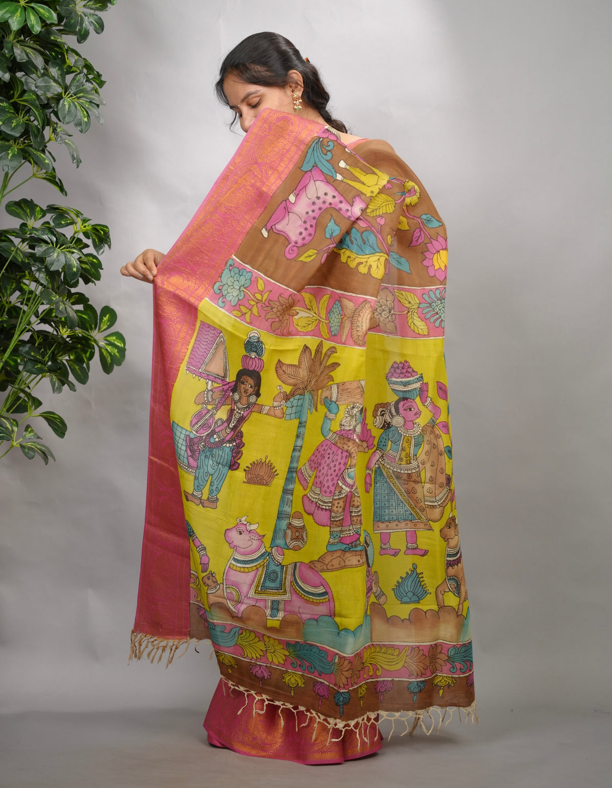 Brown Hand Drawn Pen Kalamkari Bangalore Silk Kanchi Border Saree | Looms & Tassels