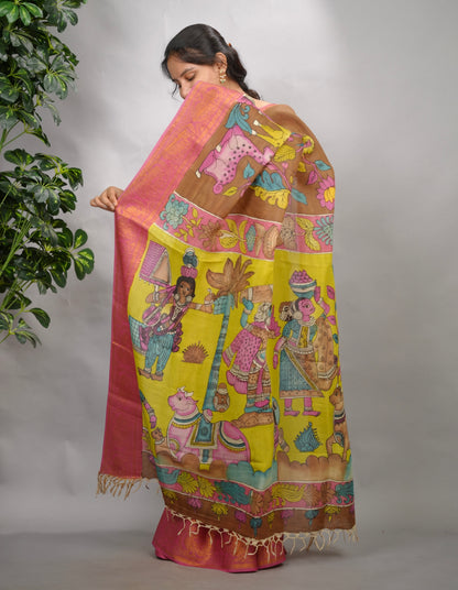 Brown Hand Drawn Pen Kalamkari Bangalore Silk Kanchi Border Saree | Looms & Tassels