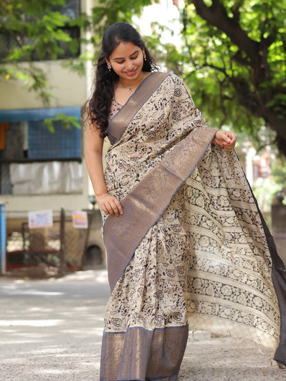 Grey Kuppadam Border Kalamkari Uppada Silk Saree