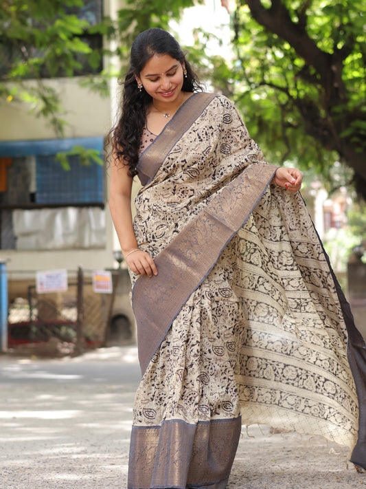Grey Kuppadam Border Kalamkari Uppada Silk Saree