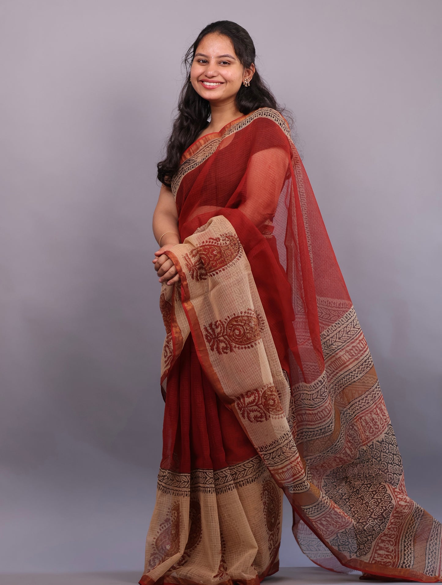Pure Kota Doria Saree with Bagru Handblock Prints – Rust Maroon | Looms&Tassels