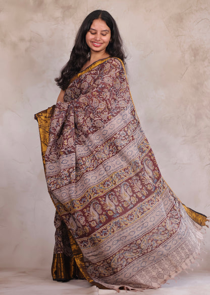 Brown Hand Block Printed Kalamkari Kanchi Border Silk Saree
