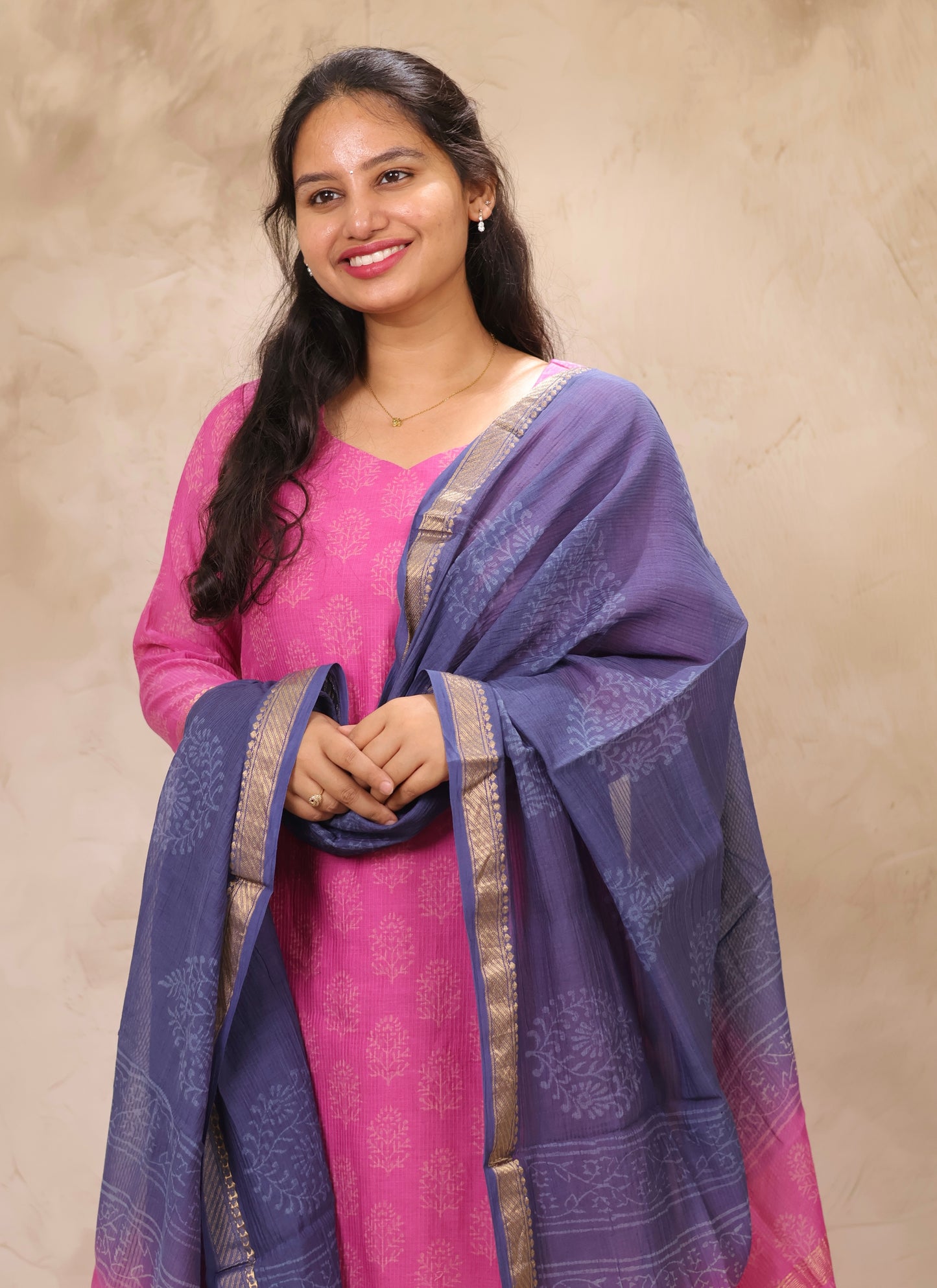 Pink & Blue Handblock printed Pure Maheswari Silk 3 piece suit (stitched)
