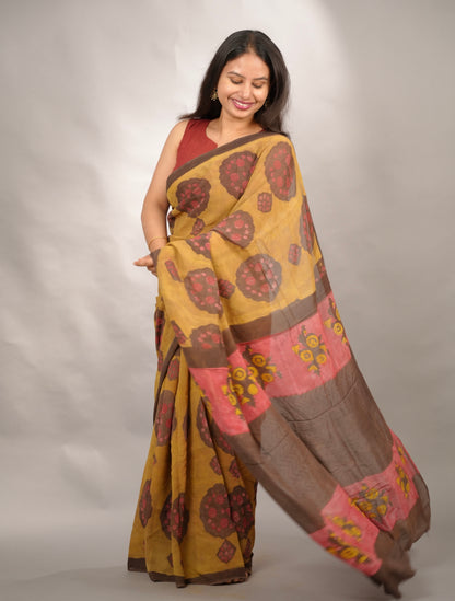 Mustard Georgette Hand Block Printed Saree| Looms & Tassels