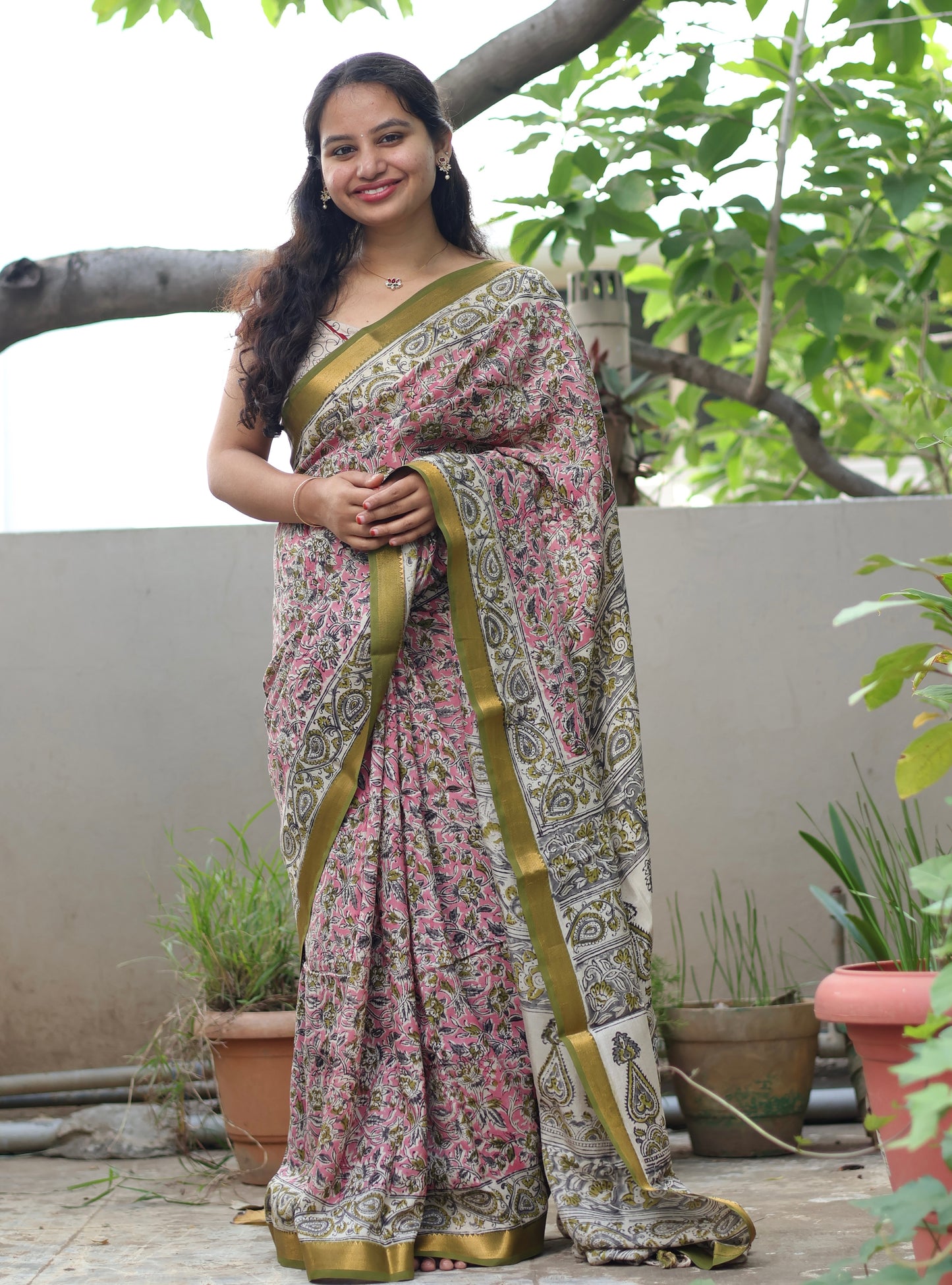 Pink Hand Block Printed Kalamkari Nizam Border Silk Sare