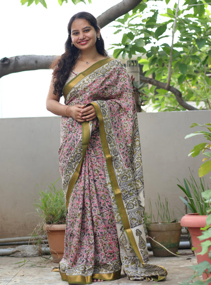 Pink Hand Block Printed Kalamkari Nizam Border Silk Sare