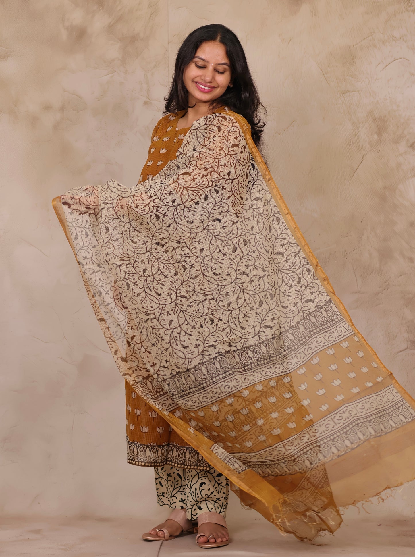 Mustard Handblock printed kota 3 piece suit (stitched)