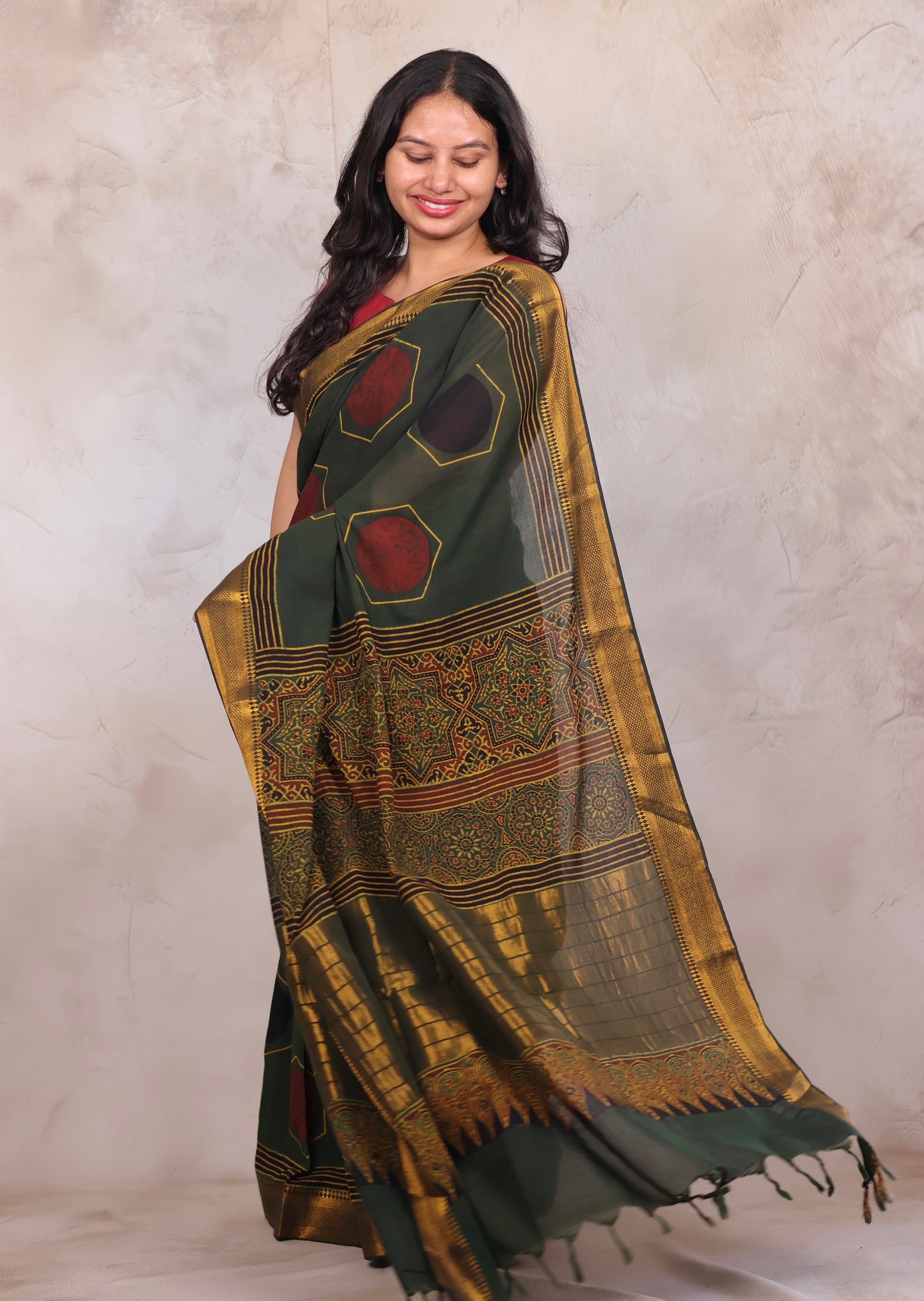 Green Ajrakh Hand Block Printed Mangalagiri Cotton Saree | Looms & Tassels
