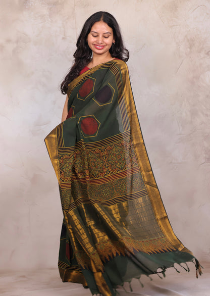 Green Ajrakh Hand Block Printed Mangalagiri Cotton Saree | Looms & Tassels